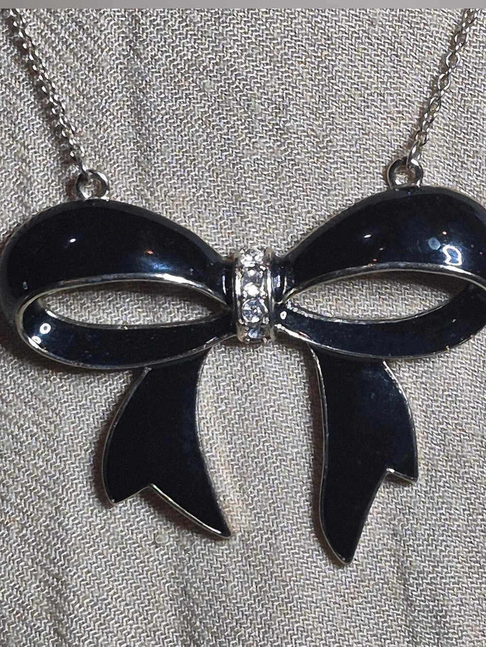 Vintage Style Black Enamel Bow Pendant Necklace Silvertone